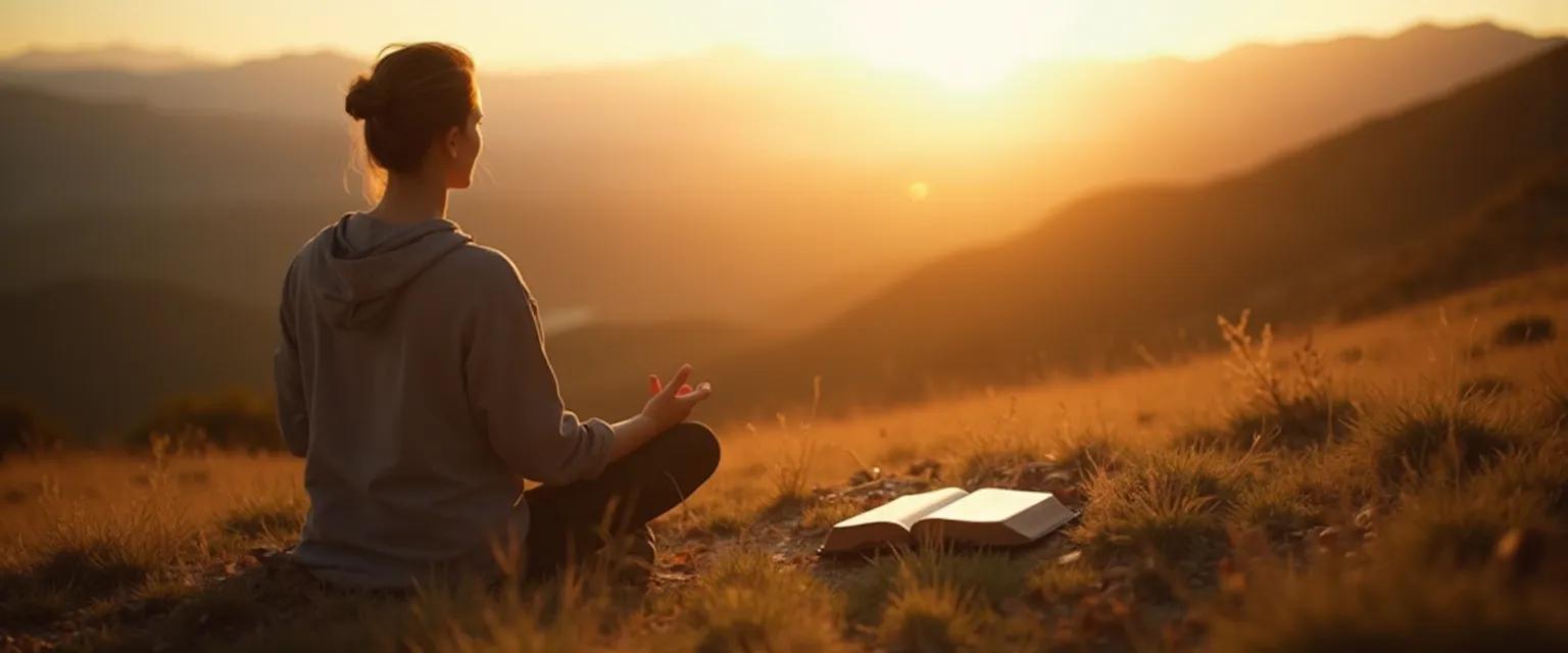 Christian practicing mindfulness meditation with Bible and journal