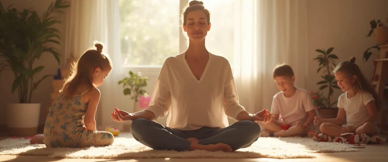 Mother practicing the best mindfulness meditation while her children play nearby