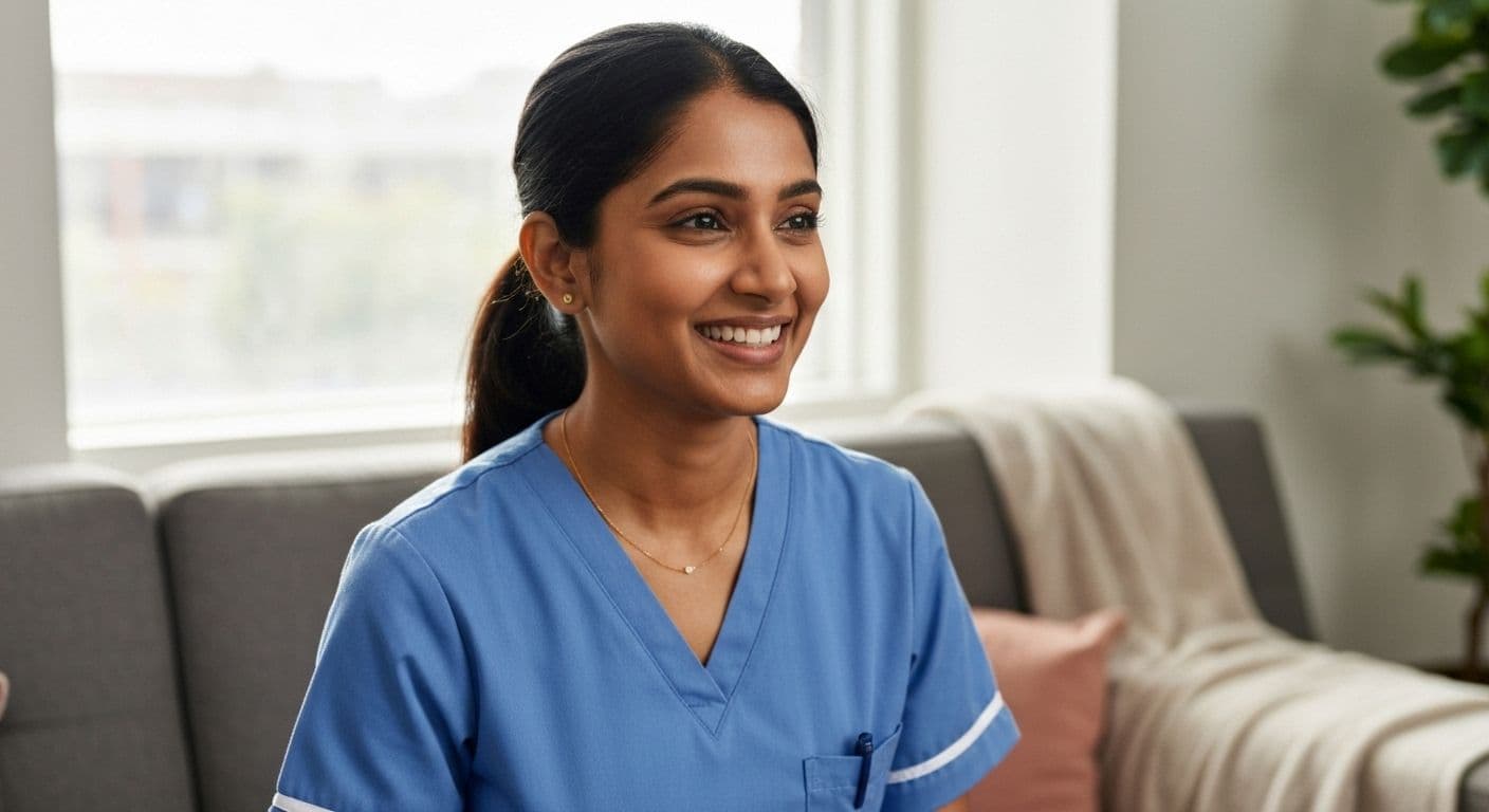 NHS frontline worker practicing self awareness techniques during a brief break between shifts