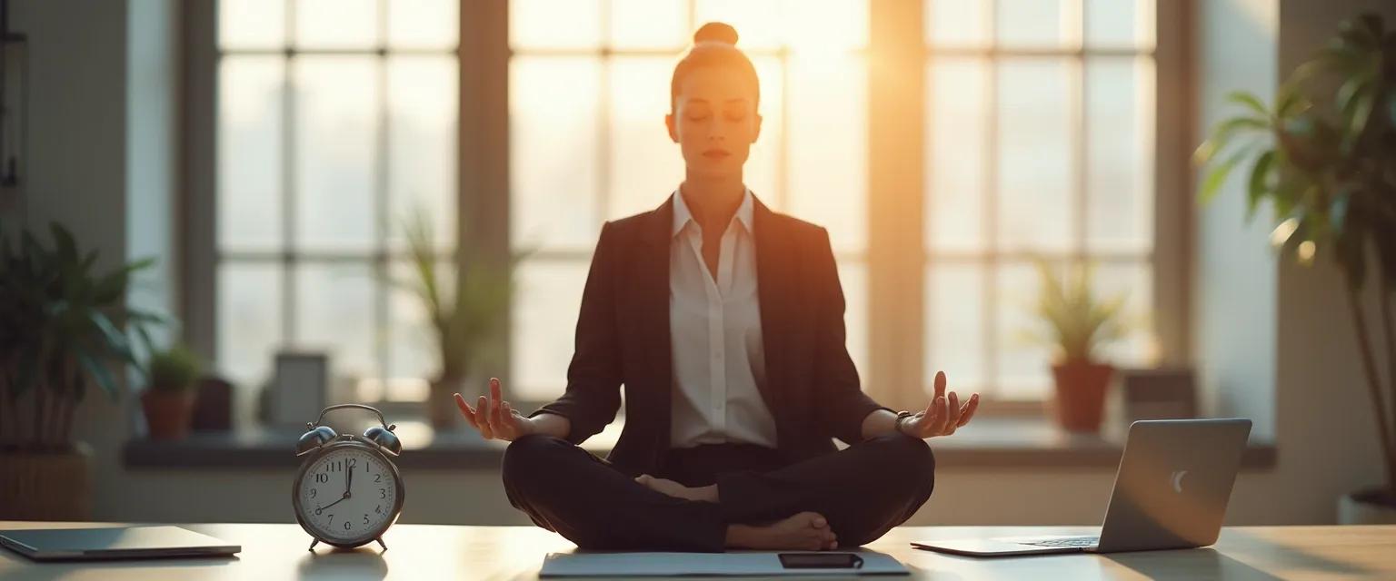 Professional practicing 20-minute mindfulness meditation at desk