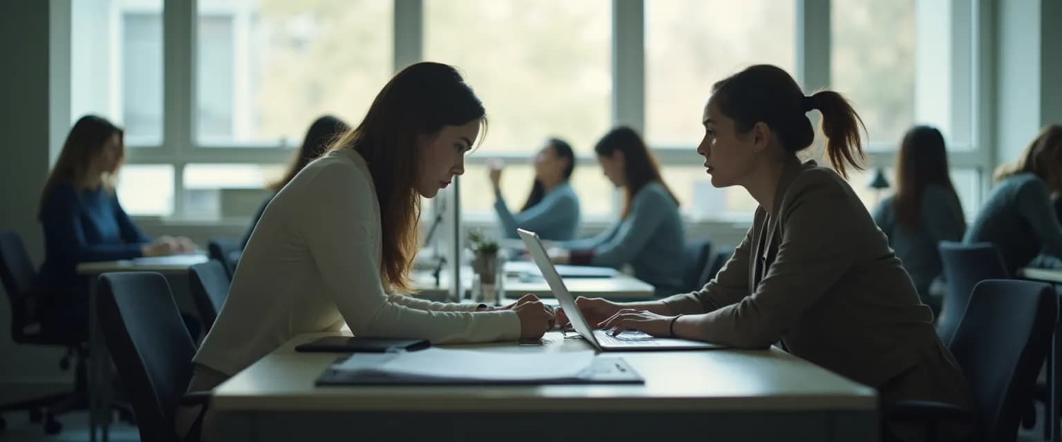 Two professional women maintaining boundaries after female friendship breakups in workplace setting