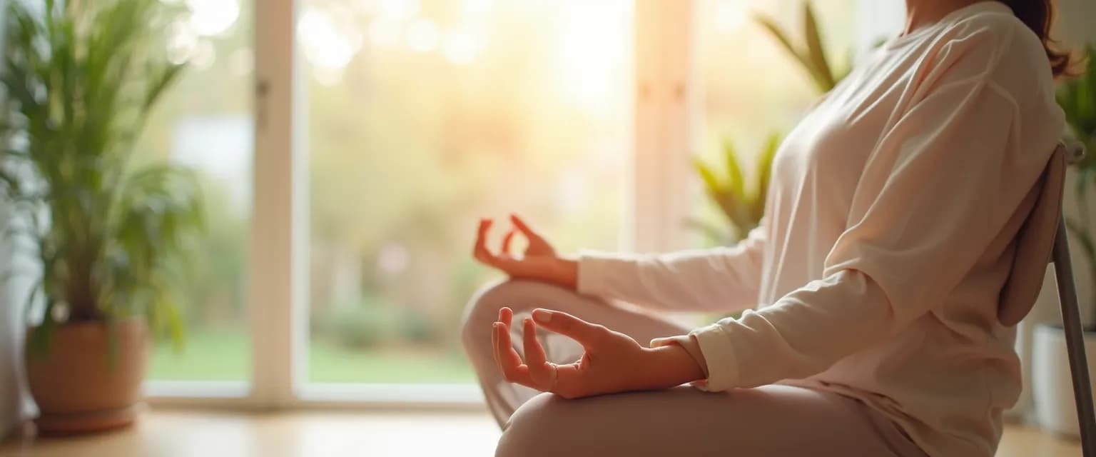 Person practicing self awareness yoga poses in a chair demonstrating accessible modifications