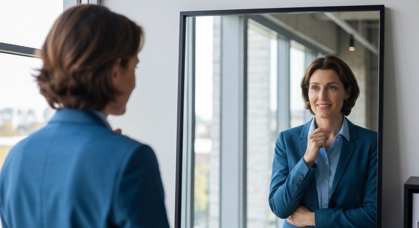 Professional leader demonstrating high level of self awareness through reflective thinking and emotional intelligence in workplace setting