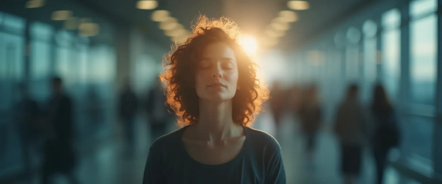 Person taking a brief micro-pause to develop self-reflective awareness at their desk