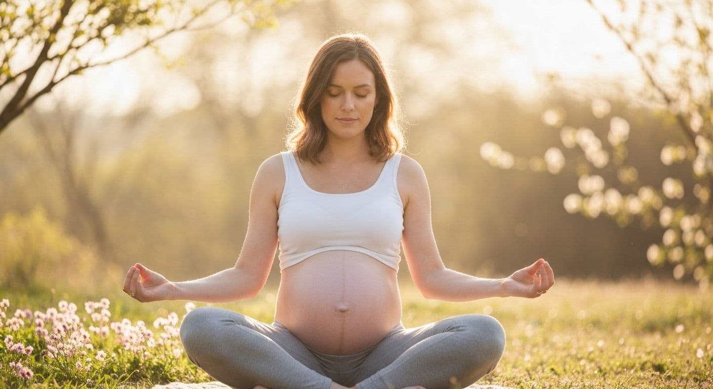 Pregnant woman practicing mindful pregnancy meditation during second trimester