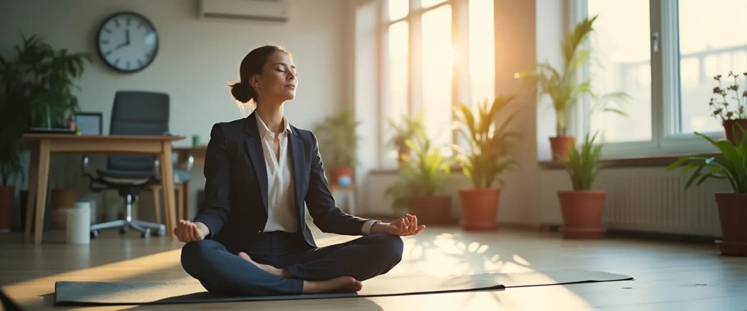 Professional practicing mindfulness-based stress reduction (MBSR) techniques at desk during lunch break