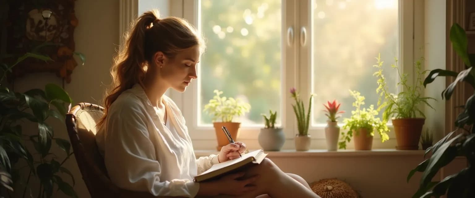 Woman embracing self-care while healing after a breakup with journal and tea