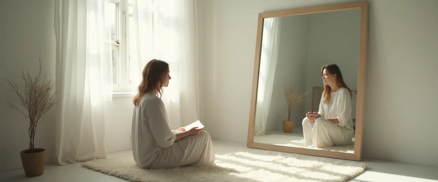 Person practicing self awareness for personal development through mirror reflection technique