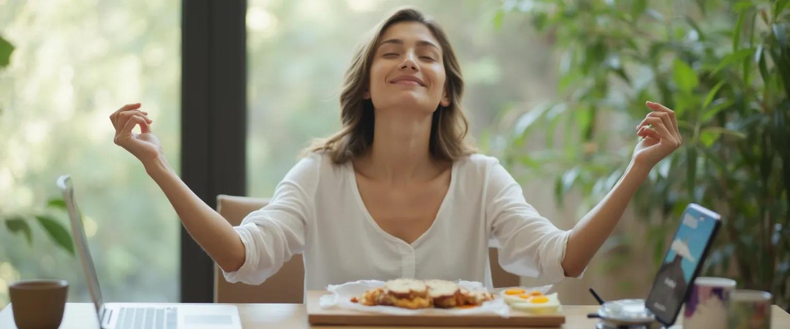 Professional enjoying a peaceful mindfulness retreat during lunch break at desk