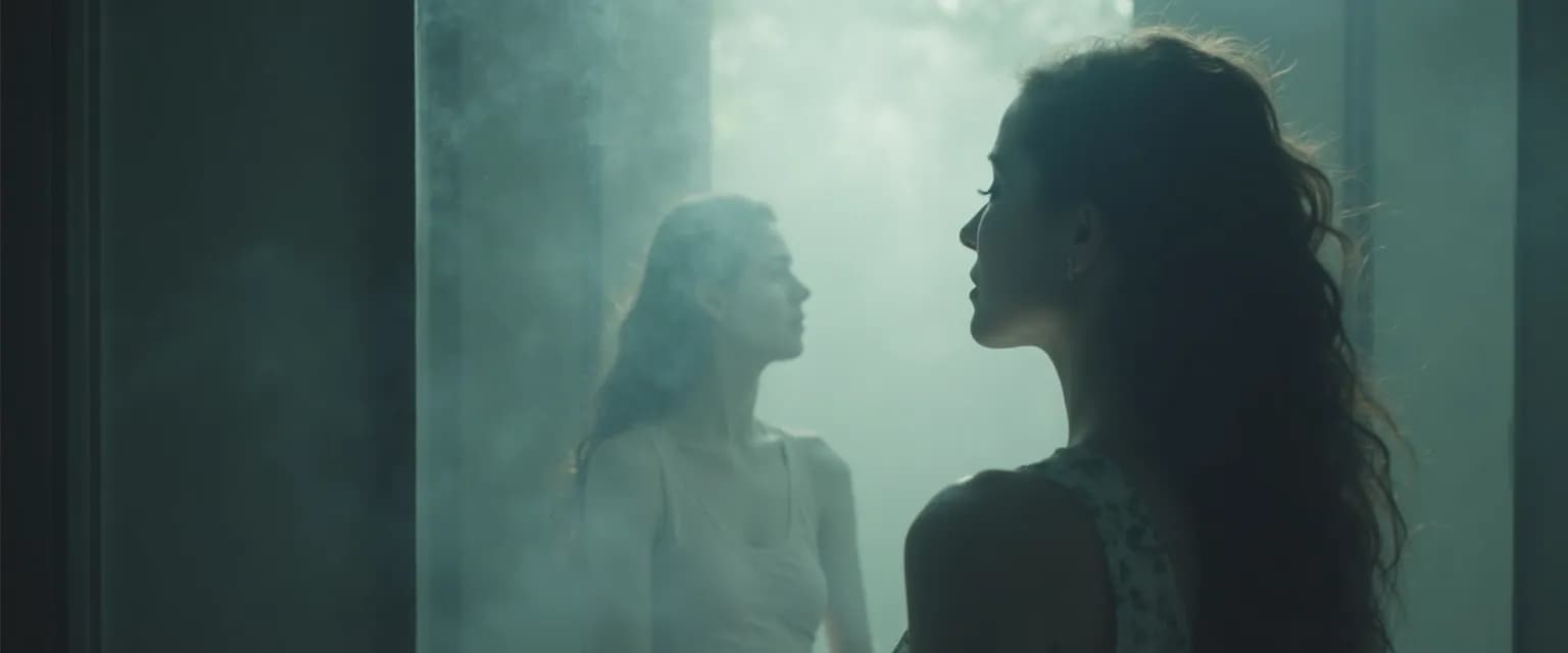 Person experiencing a mirror moment of low self-awareness with reflection showing growth potential