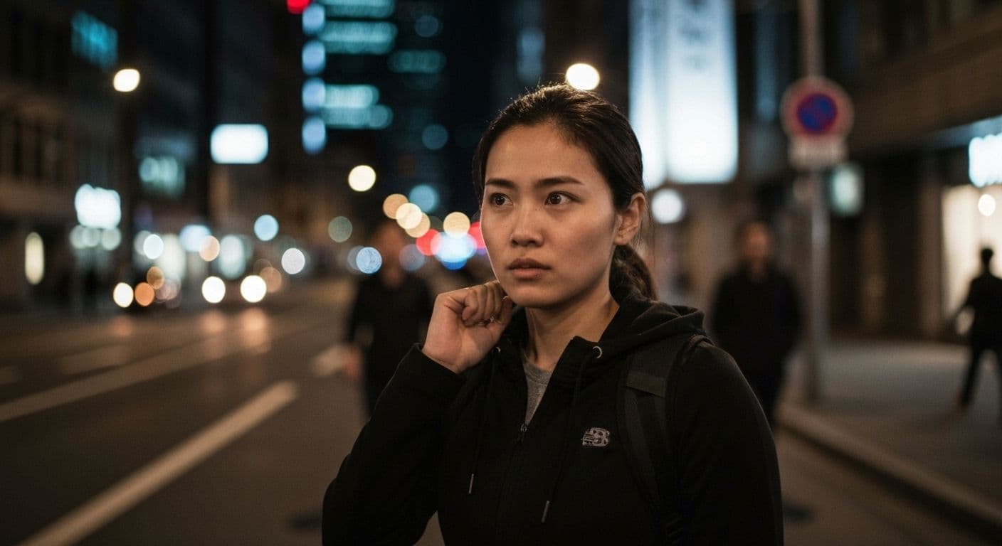 Person demonstrating how to develop situational awareness while walking confidently at night in well-lit urban environment