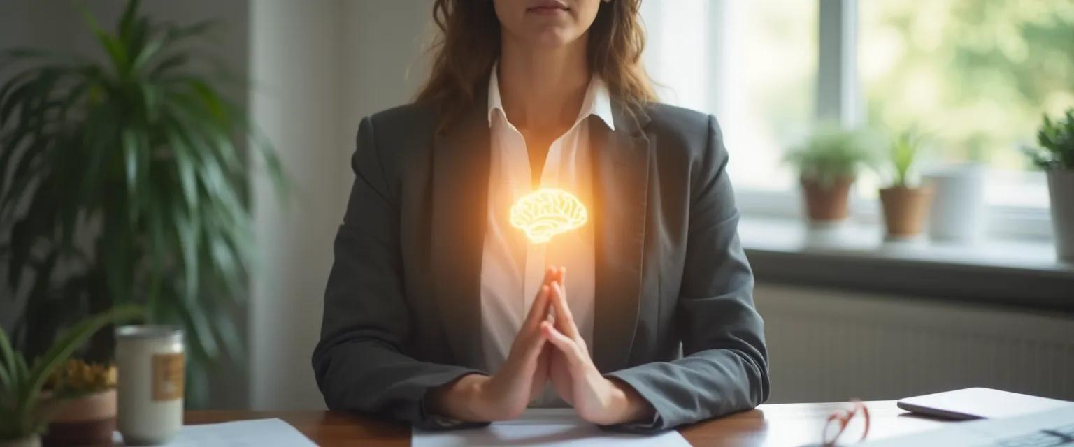 Professional practicing 5-minute emotional intelligence development exercise at desk