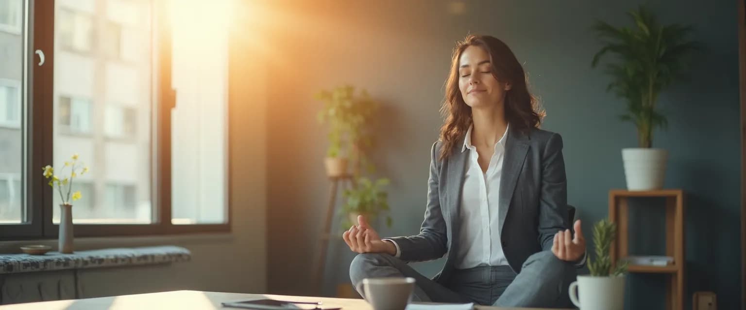 Professional practicing 5-minute mindfulness stress reduction technique at desk