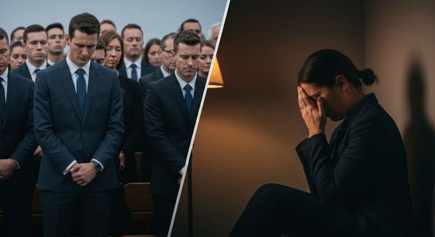 Person learning how to cope with grief through self-compassion and boundary-setting in both public and private settings