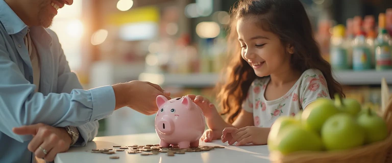 Parent teaching money mindfulness to child during grocery shopping trip