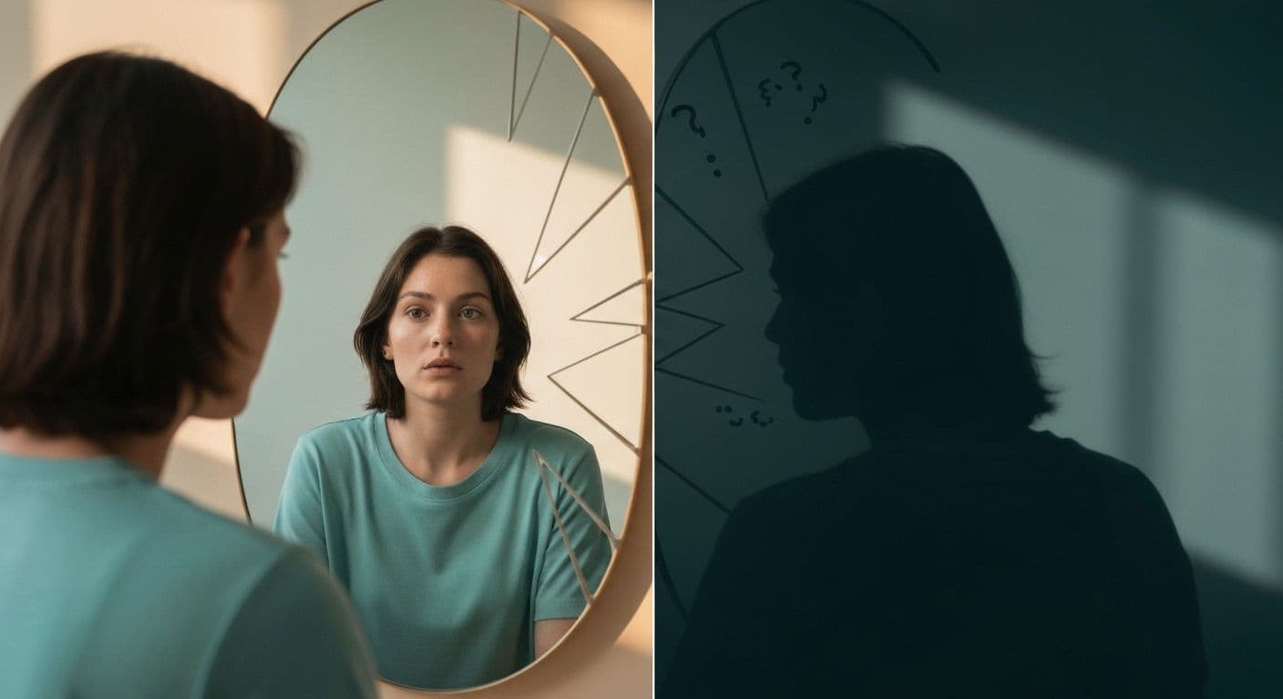 Person reflecting on their healthy mindset journey with balanced emotions and self-awareness