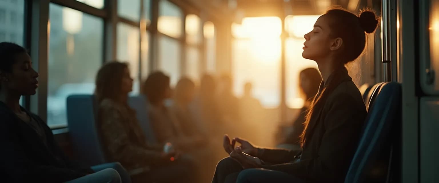 Person practicing mindfulness exercises for anxiety while commuting on public transit