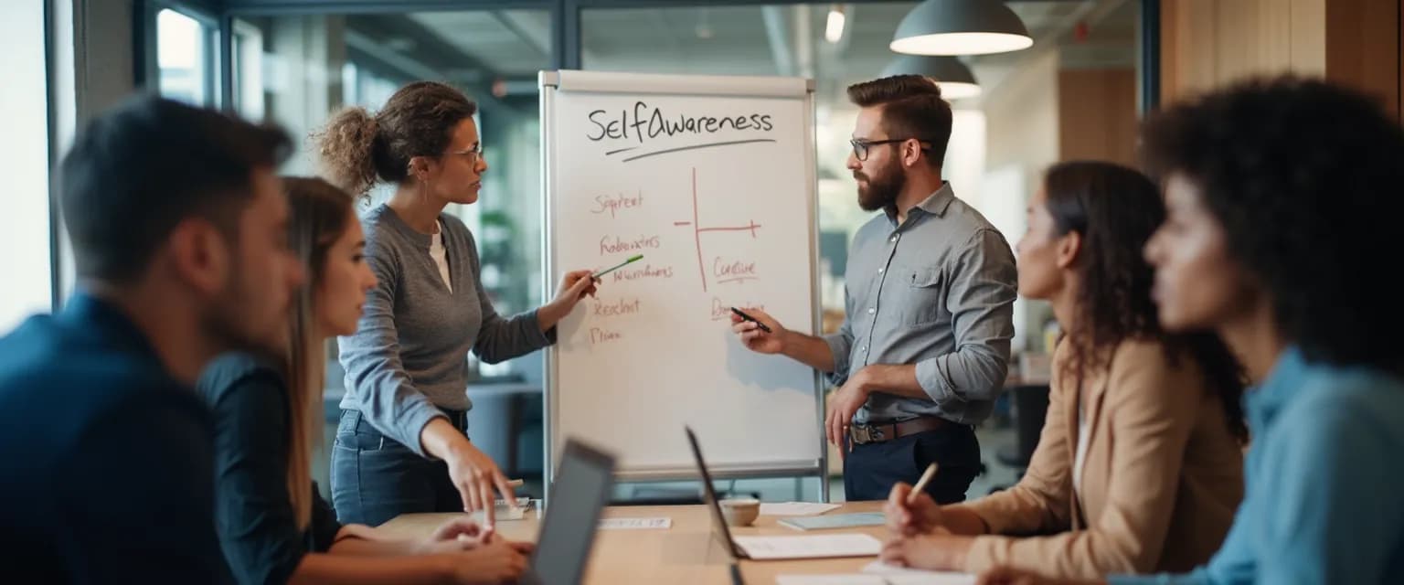 Professional team demonstrating self-awareness examples in the workplace during a collaborative meeting