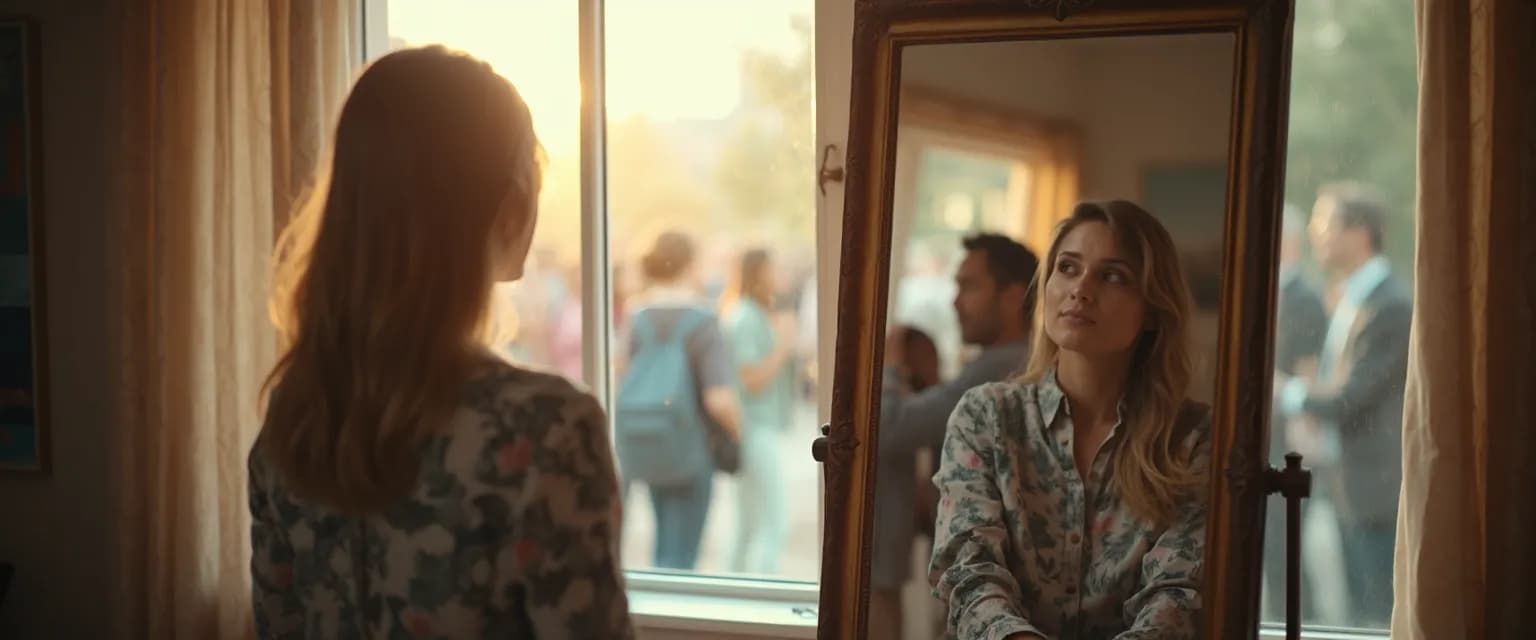 Person looking in mirror while connecting with others, illustrating self awareness and social awareness