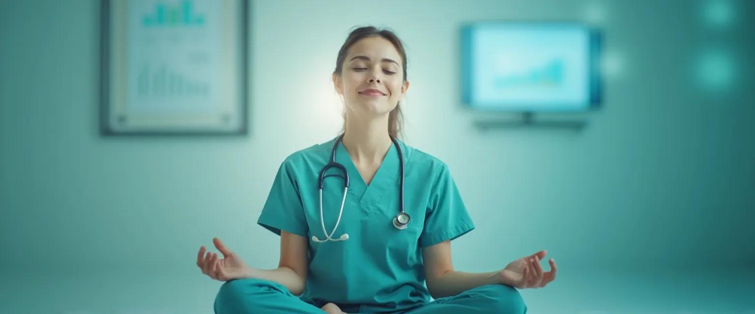 Healthcare professional practicing self-awareness health and social care exercises during shift