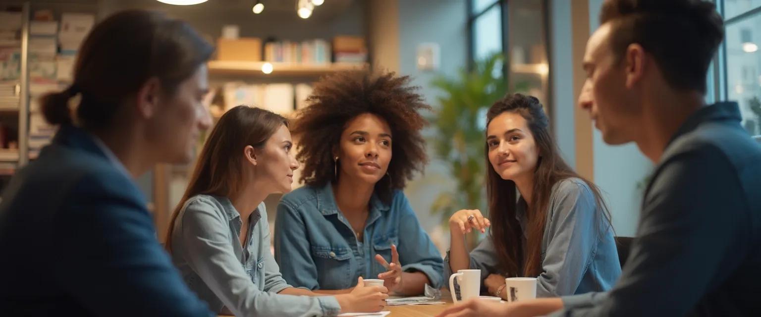 Colleagues demonstrating examples of self and social awareness in the workplace through collaborative discussion