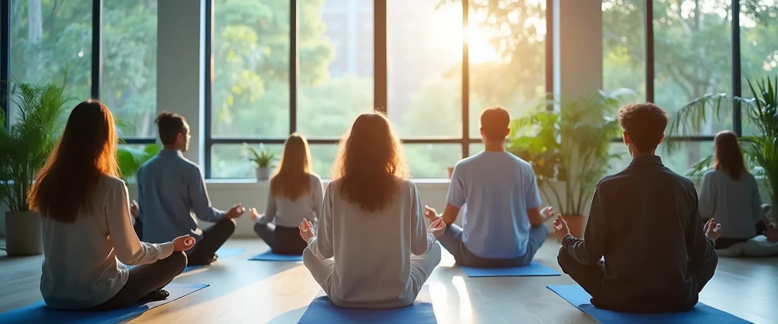 Employees participating in a center for mindfulness program in a modern workplace setting