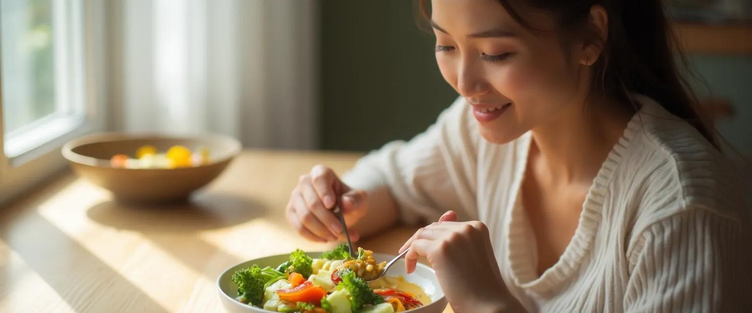 Person practicing mindful eating to improve emotional quotient