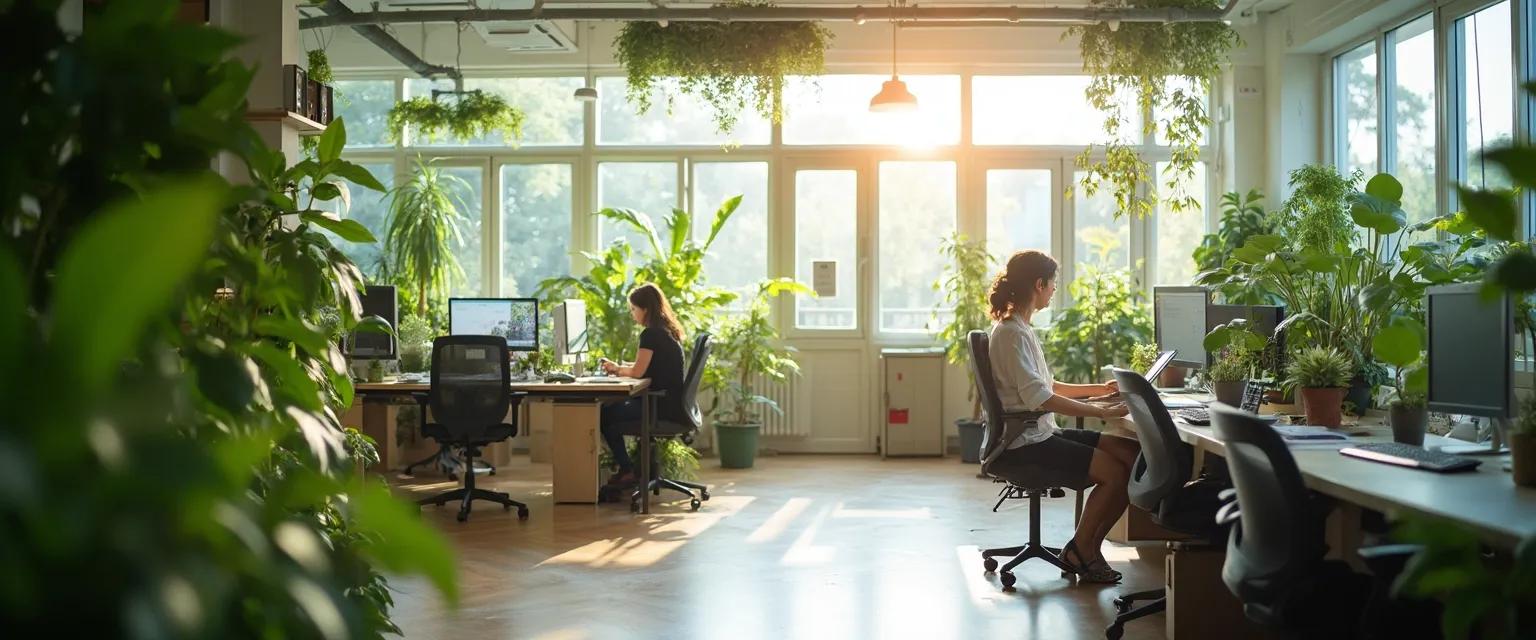 Productive mindgreen office space with strategically placed plants and natural elements