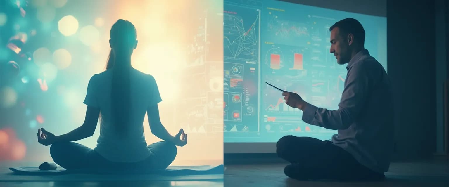 Two people engaged in awareness life coaching session showing both mindful and analytical approaches