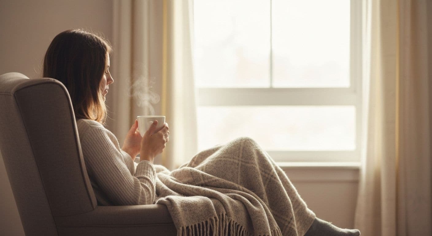 Person practicing gentle grief mindfulness while sitting peacefully with hands on chest, honoring exhaustion and present-moment awareness