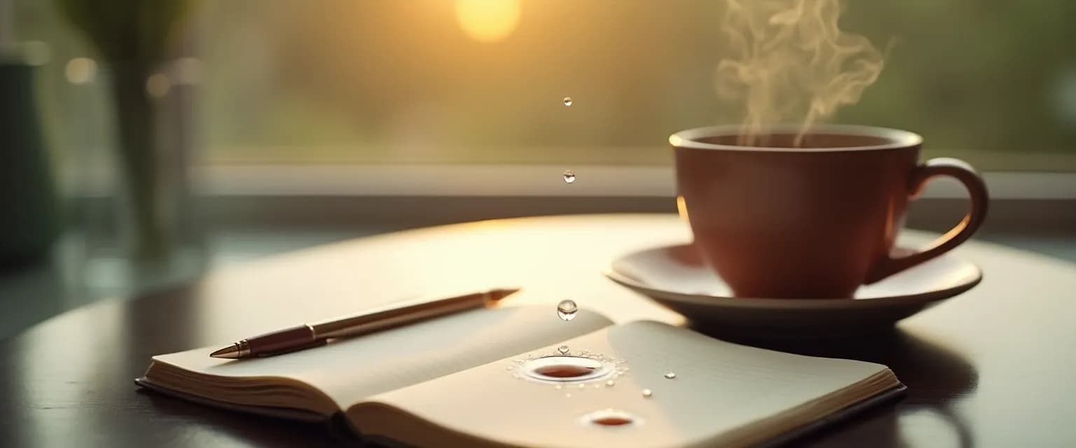 Woman writing journal prompts for grief while enjoying morning tea