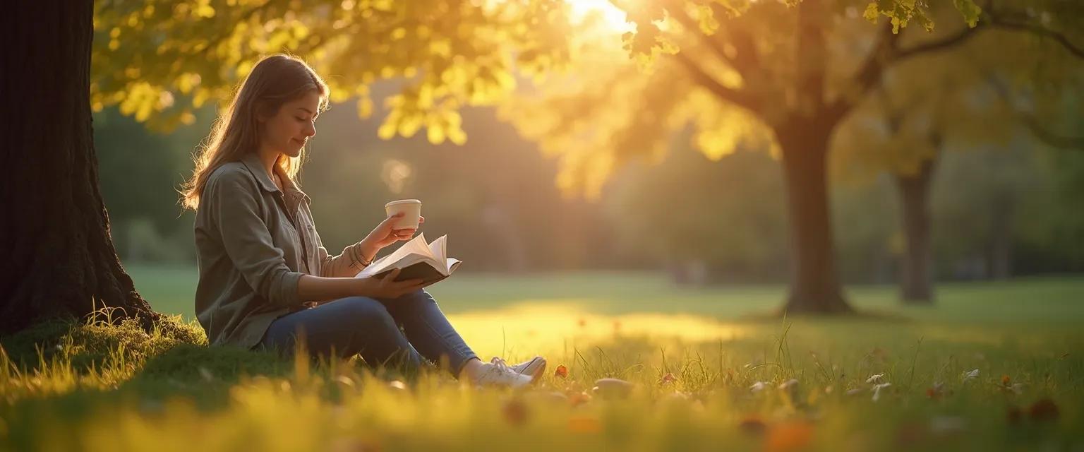 Person enjoying peaceful moment alone but happy while reading in a sunlit room