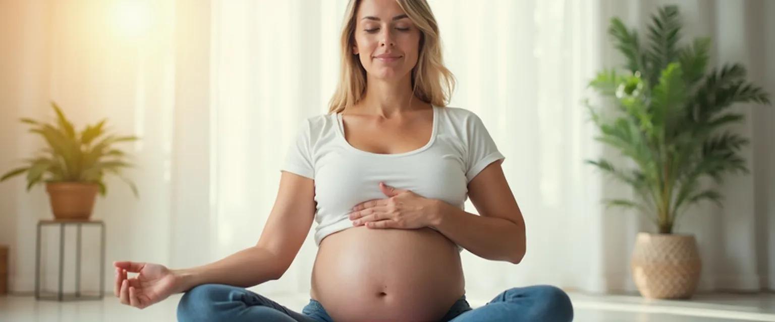 Pregnant woman practicing mindful pregnancy techniques with breathing and meditation