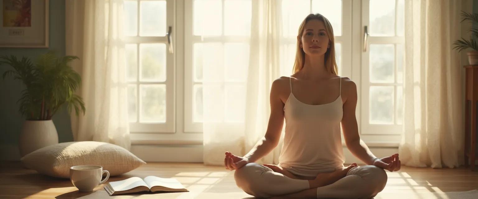 Person practicing mindful self-discipline with gentle stretching despite chronic pain