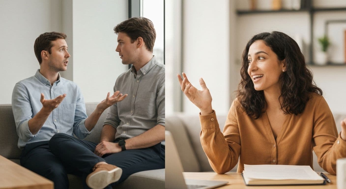 Person practicing self awareness and mindful communication during a balanced conversation
