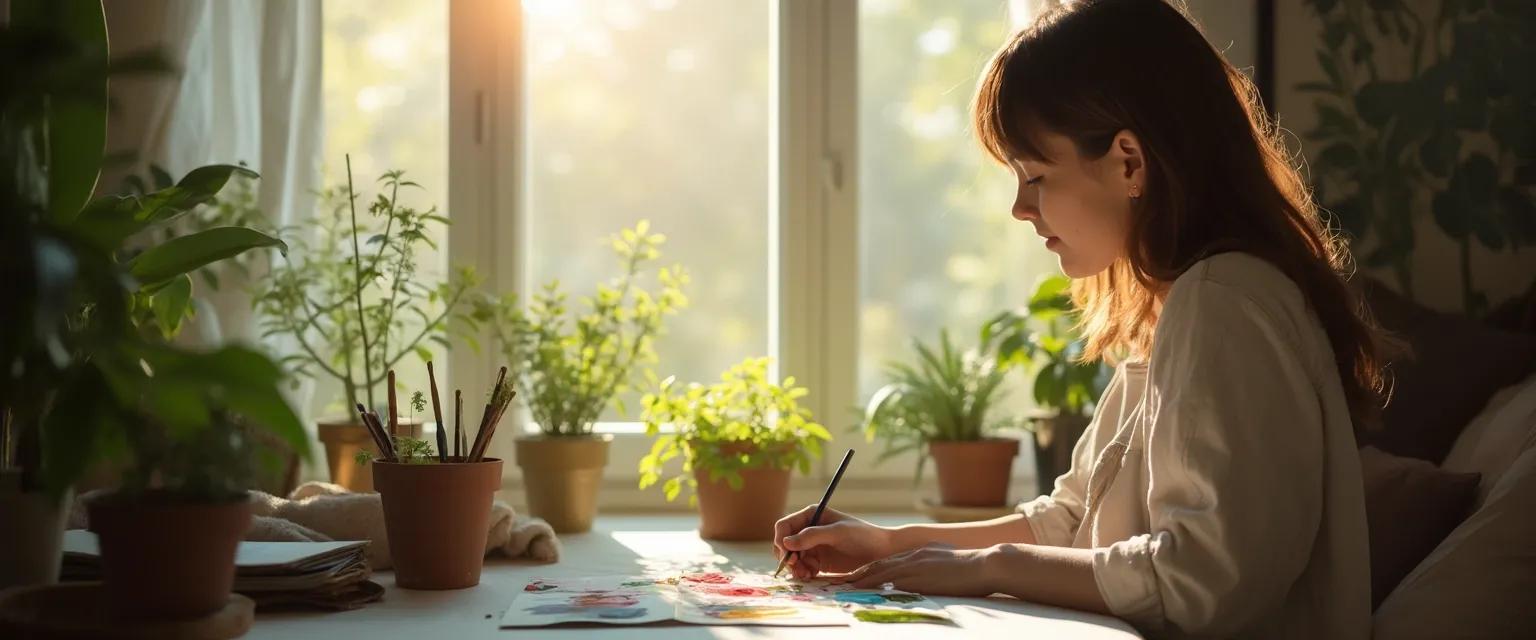 Person engaging in healing hobby activities after breakup