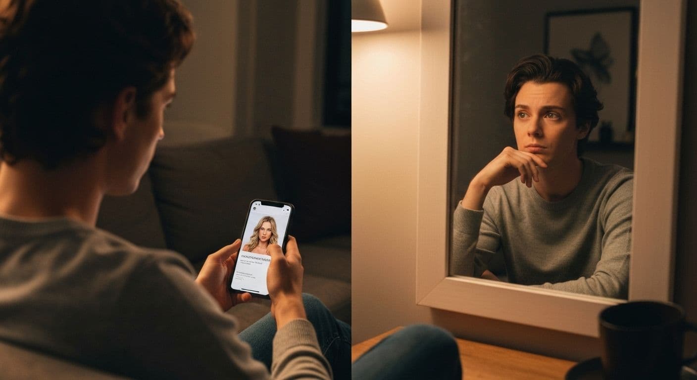 Person scrolling through recent celebrity breakups on phone while partner sits nearby looking concerned