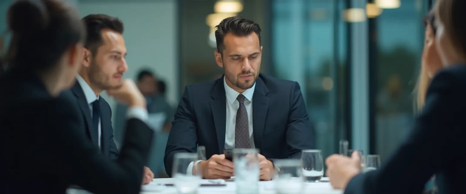 Professional demonstrating self awareness management skills during a high-pressure business meeting