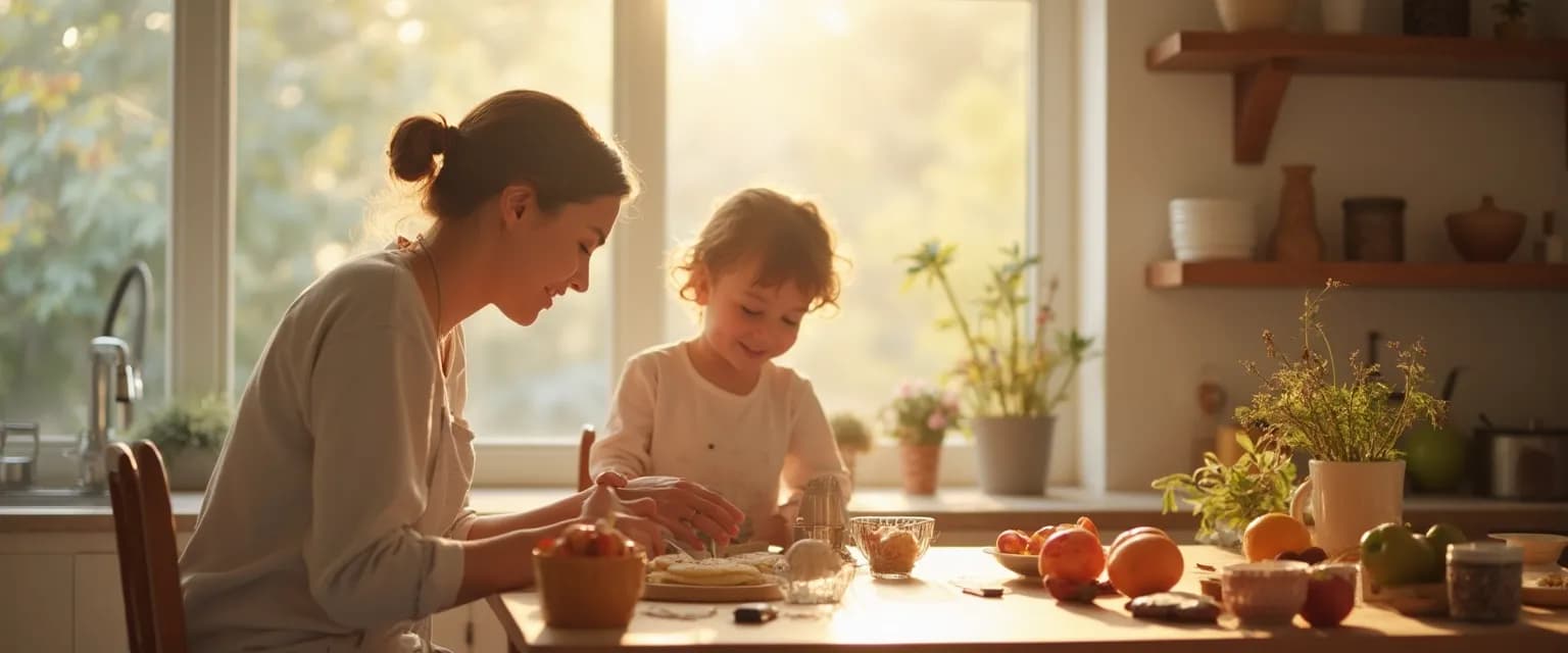Parent and child practicing 5-minute mindfulness while making breakfast together