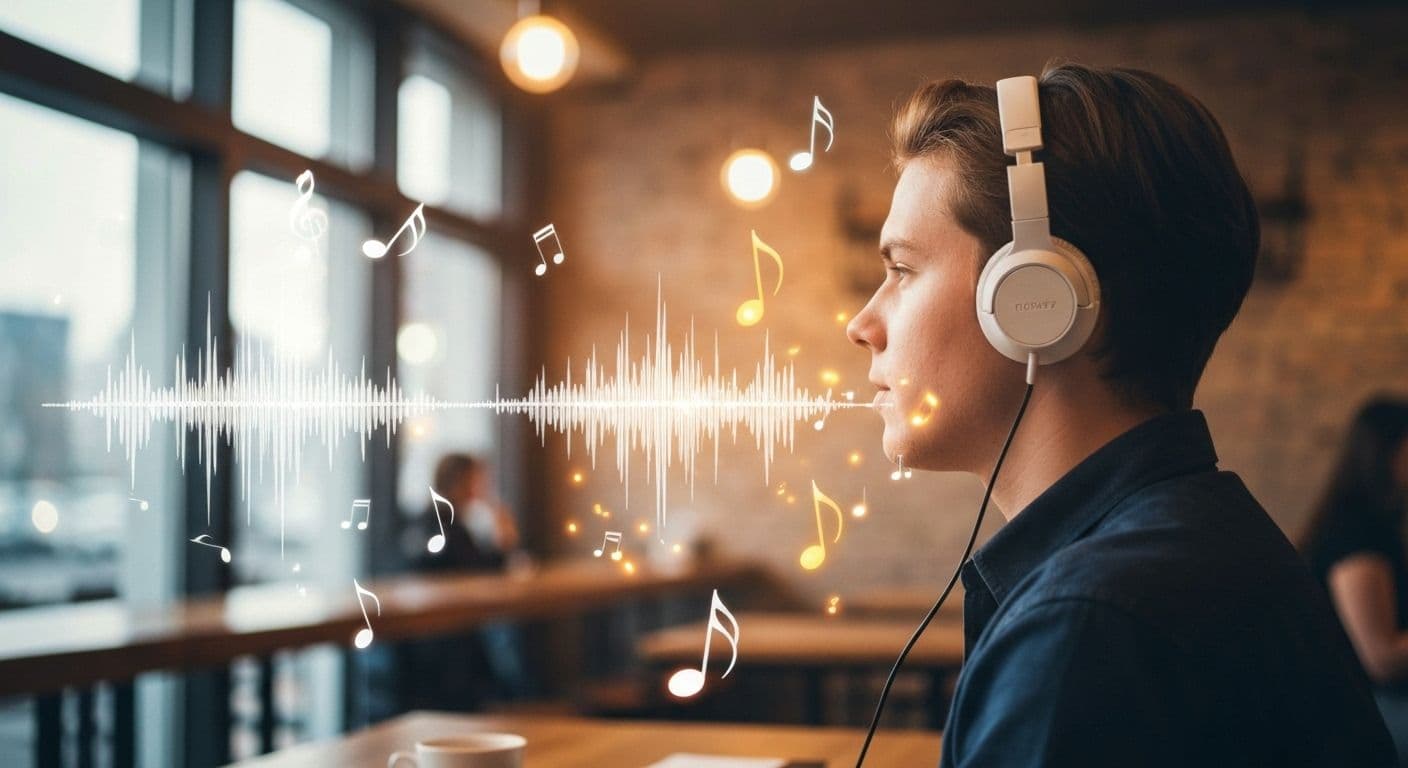 Person mindfully listening to music with headphones, eyes closed in peaceful concentration