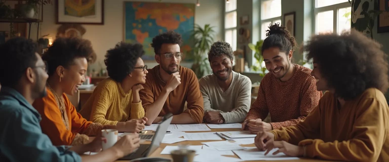 Person confidently engaging in a diverse community gathering with people from different cultural backgrounds