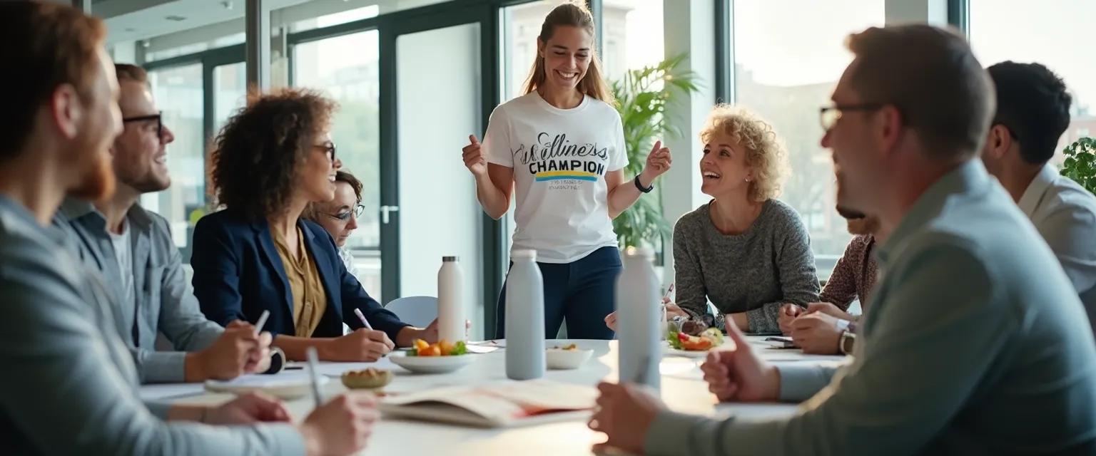 Diverse team of employee health wellbeing champions collaborating on workplace wellness initiatives