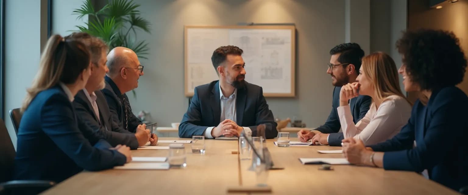 Executives using emotional intelligence in decision making during a boardroom meeting