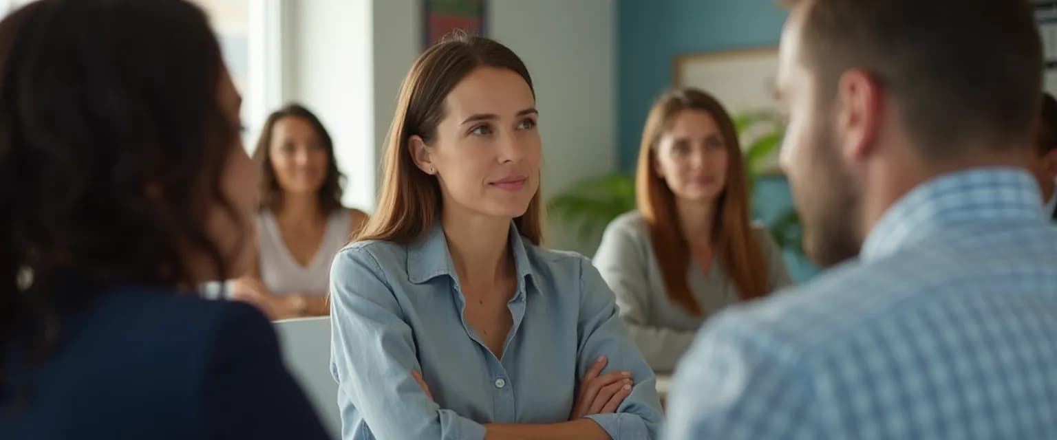 Quiet professional demonstrating emotional leadership through attentive listening in a meeting setting