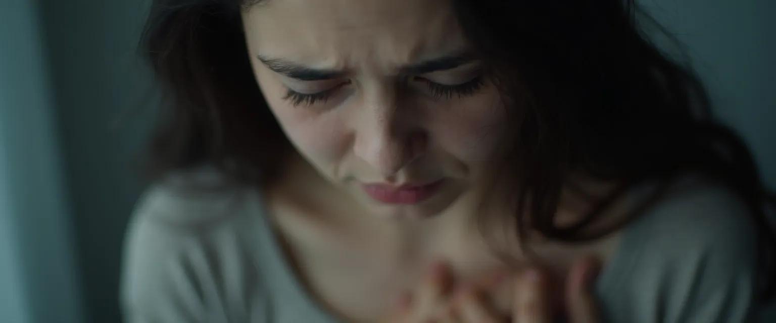 Woman experiencing chest pain showing this what heartbreak feels like physically
