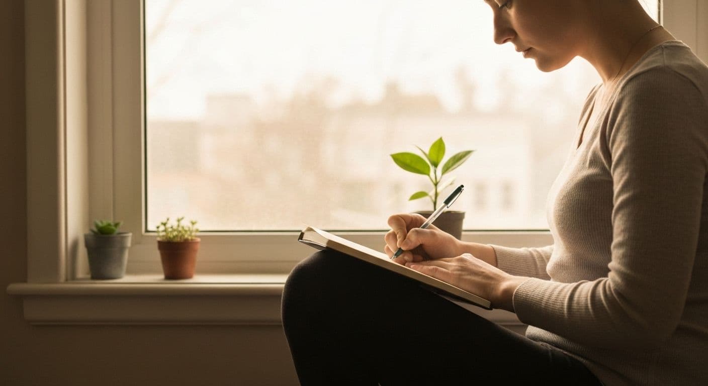 Person practicing gratitude post breakup while journaling with peaceful expression and natural light