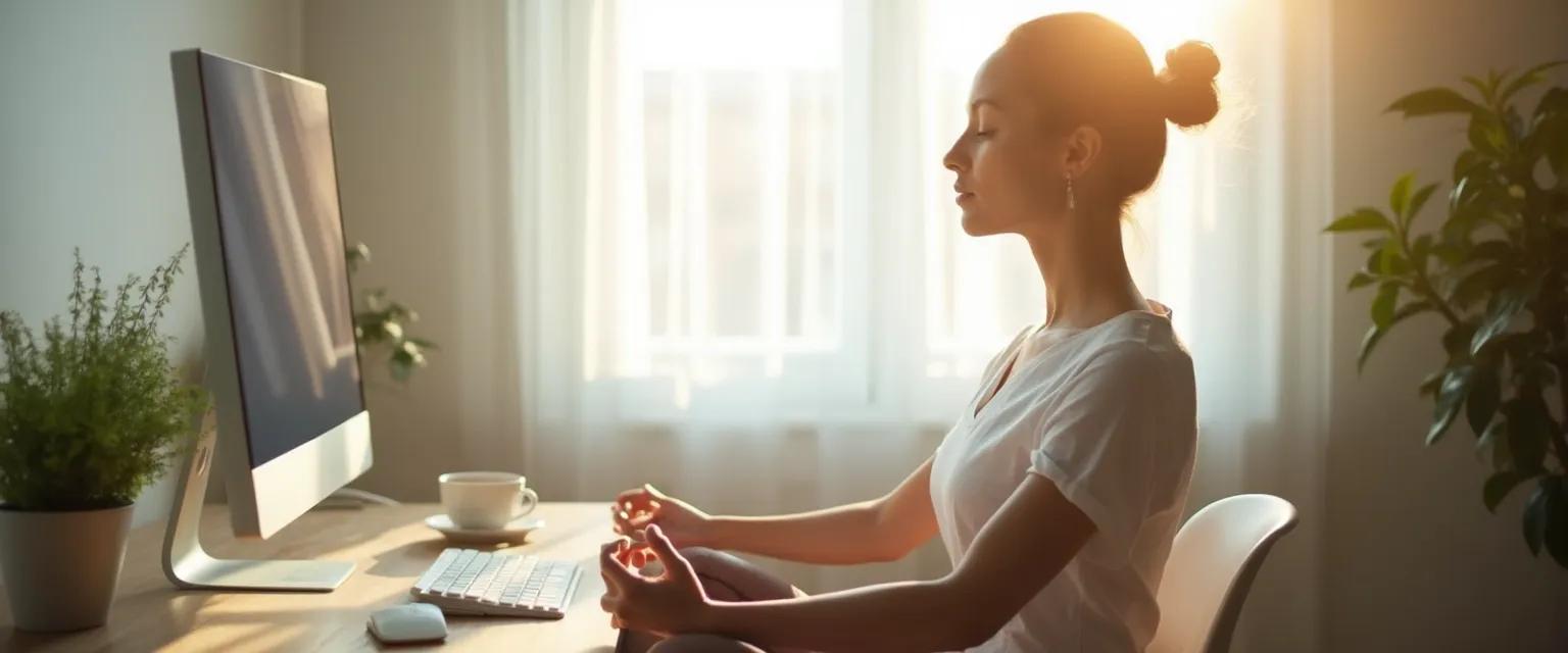 Professional practicing mindfulness in the workplace at desk with calm expression