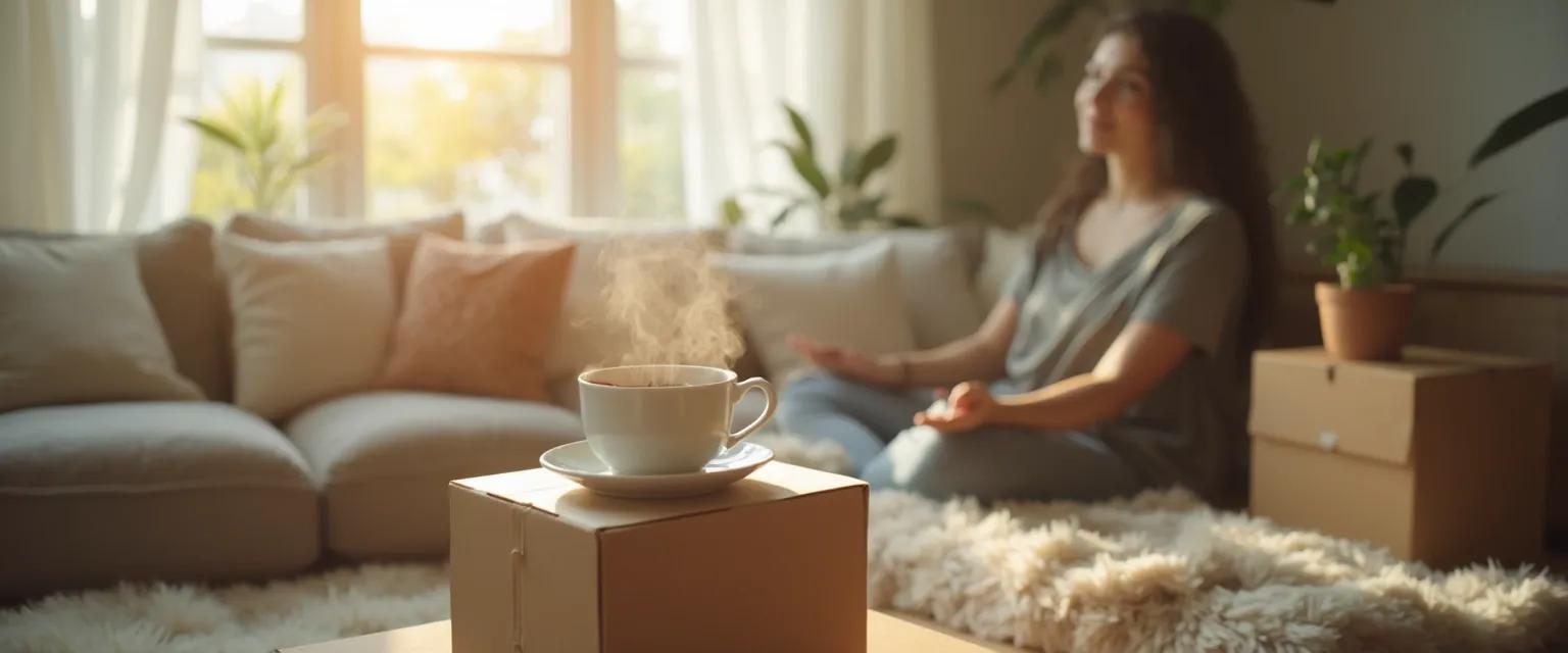 Person performing calming ritual to manage anxiety during relocation stress when moving solo
