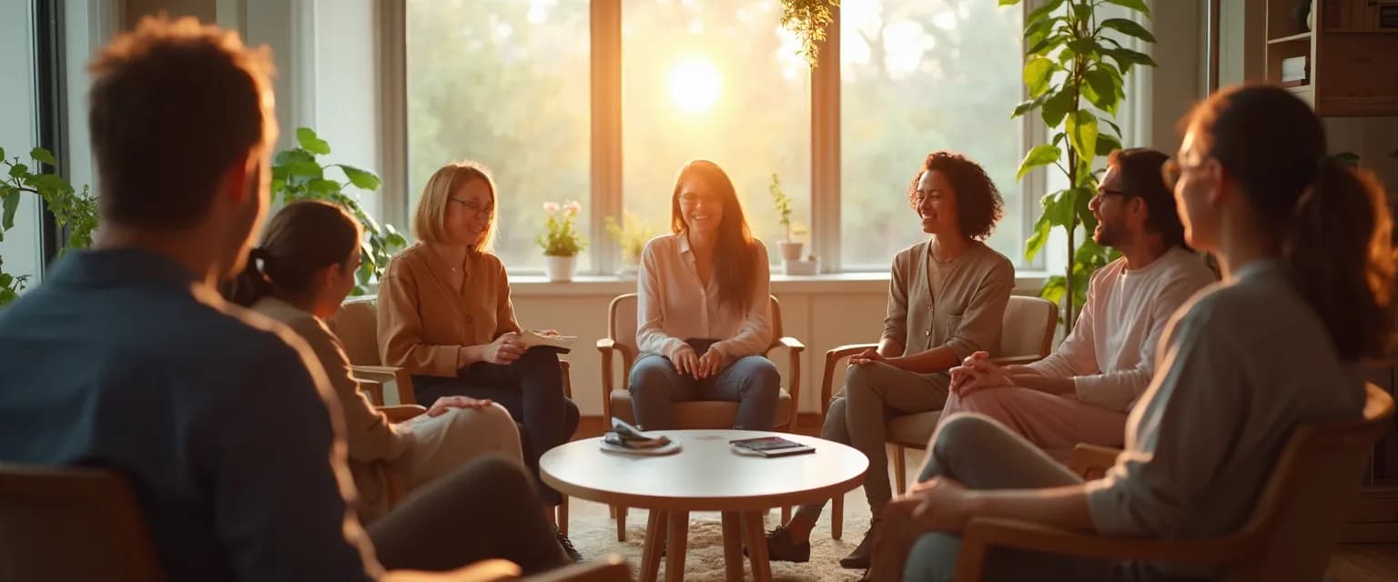 Diverse group participating in anger management sessions sharing insights and building connections