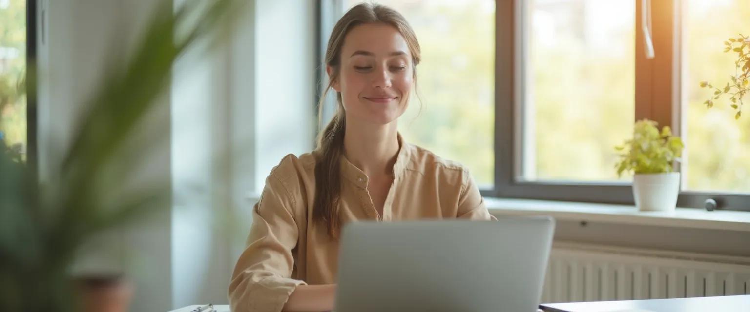Entrepreneur practicing quick mindfulness exercises at desk between meetings